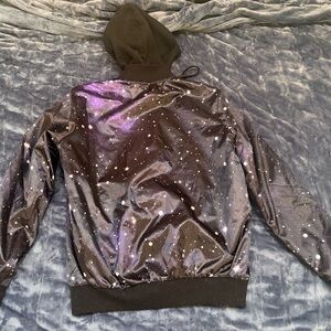 NBA Hornets Black Galaxy Print Bomber Jacket with Purple Accents